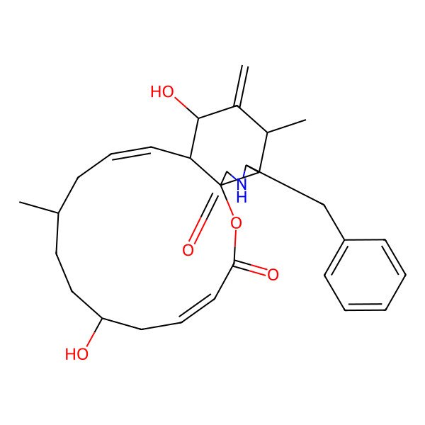 2D Structure of (1S,4E,7S,10R,12E,14S,15S,17S,18S,19S)-19-benzyl-7,15-dihydroxy-10,17-dimethyl-16-methylidene-2-oxa-20-azatricyclo[12.7.0.01,18]henicosa-4,12-diene-3,21-dione