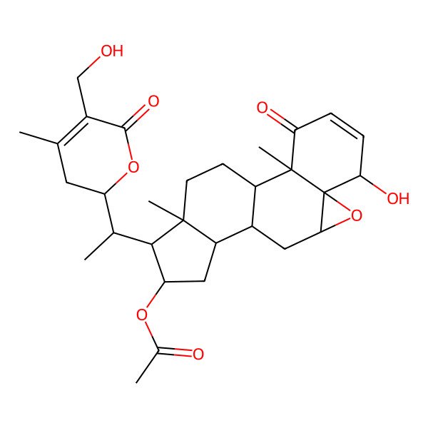 2D Structure of [(1S,2R,6S,7R,9R,11S,12S,14R,15R,16S)-6-hydroxy-15-[(1S)-1-[(2R)-5-(hydroxymethyl)-4-methyl-6-oxo-2,3-dihydropyran-2-yl]ethyl]-2,16-dimethyl-3-oxo-8-oxapentacyclo[9.7.0.02,7.07,9.012,16]octadec-4-en-14-yl] acetate