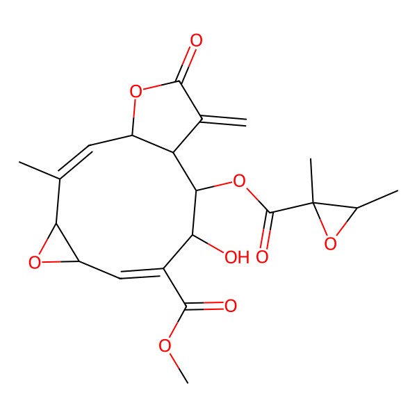 2D Structure of methyl (1R,2E,4S,6R,7E,9S,10S,11R)-10-[(2S,3R)-2,3-dimethyloxirane-2-carbonyl]oxy-9-hydroxy-3-methyl-12-methylidene-13-oxo-5,14-dioxatricyclo[9.3.0.04,6]tetradeca-2,7-diene-8-carboxylate