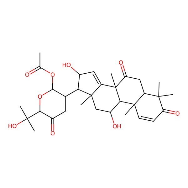 2D Structure of [(2R,3S,6R)-3-[(5R,8R,9R,10S,11R,13S,17S)-11,16-dihydroxy-4,4,8,10,13-pentamethyl-3,7-dioxo-6,9,11,12,16,17-hexahydro-5H-cyclopenta[a]phenanthren-17-yl]-6-(2-hydroxypropan-2-yl)-5-oxooxan-2-yl] acetate
