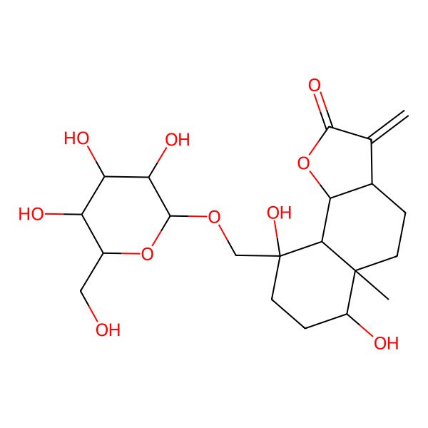 2D Structure of (3aS,5aR,6R,9S,9aS,9bS)-6,9-dihydroxy-5a-methyl-3-methylidene-9-[[(2R,3R,4S,5S,6R)-3,4,5-trihydroxy-6-(hydroxymethyl)oxan-2-yl]oxymethyl]-3a,4,5,6,7,8,9a,9b-octahydrobenzo[g][1]benzofuran-2-one