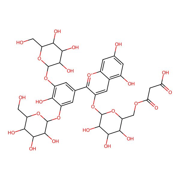 2D Structure of 3-[[(2S,3S,4S,5R,6S)-6-[5,7-dihydroxy-2-[4-hydroxy-5-[(2S,3S,4S,5S,6R)-3,4,5-trihydroxy-6-(hydroxymethyl)oxan-2-yl]oxy-3-[(2S,3R,4S,5S,6S)-3,4,5-trihydroxy-6-(hydroxymethyl)oxan-2-yl]oxyphenyl]chromenylium-3-yl]oxy-3,4,5-trihydroxyoxan-2-yl]methoxy]-3-oxopropanoic acid