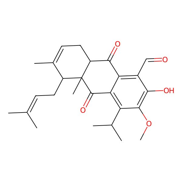 2D Structure of 2-hydroxy-3-methoxy-6,10a-dimethyl-5-(3-methylbut-2-enyl)-9,10-dioxo-4-propan-2-yl-8,8a-dihydro-5H-anthracene-1-carbaldehyde