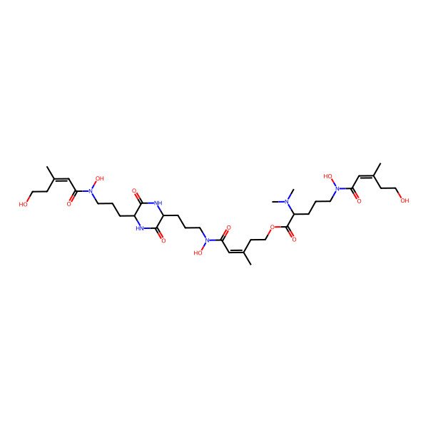 2D Structure of [(Z)-5-[hydroxy-[3-[5-[3-[hydroxy-[(Z)-5-hydroxy-3-methylpent-2-enoyl]amino]propyl]-3,6-dioxopiperazin-2-yl]propyl]amino]-3-methyl-5-oxopent-3-enyl] 2-(dimethylamino)-5-[hydroxy-[(E)-5-hydroxy-3-methylpent-2-enoyl]amino]pentanoate