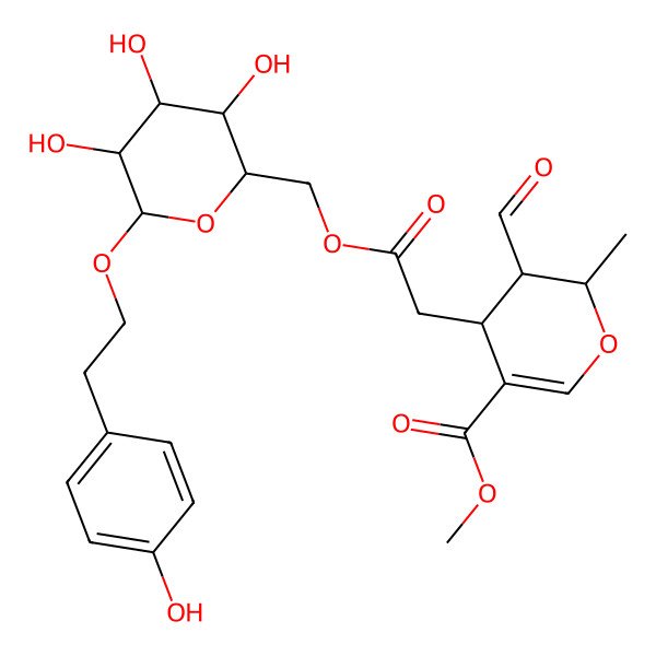 2D Structure of methyl (2R,3S,4S)-3-formyl-2-methyl-4-[2-oxo-2-[[(2R,3S,4S,5R,6R)-3,4,5-trihydroxy-6-[2-(4-hydroxyphenyl)ethoxy]oxan-2-yl]methoxy]ethyl]-3,4-dihydro-2H-pyran-5-carboxylate