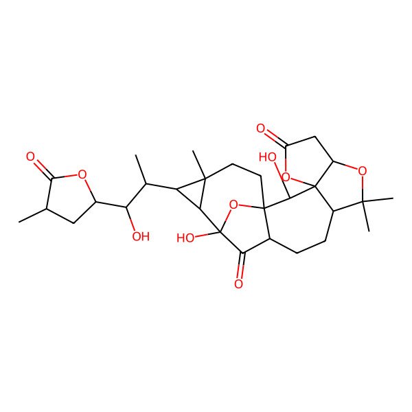 2D Structure of (1R,2S,3S,7R,10S,13R,15S,16S,17R,18R)-2,15-dihydroxy-17-[(1S,2S)-1-hydroxy-1-[(2S,4R)-4-methyl-5-oxooxolan-2-yl]propan-2-yl]-9,9,18-trimethyl-4,8,21-trioxahexacyclo[13.5.1.01,13.03,7.03,10.016,18]henicosane-5,14-dione