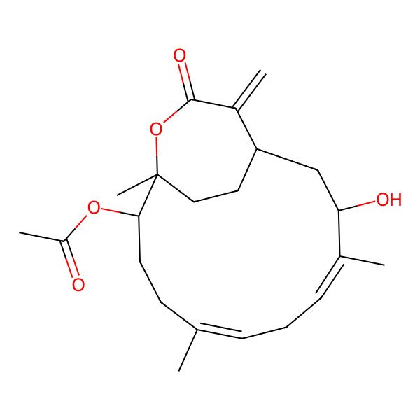 2D Structure of (3-Hydroxy-4,8,12-trimethyl-15-methylidene-14-oxo-13-oxabicyclo[10.3.2]heptadeca-4,7-dien-11-yl) acetate
