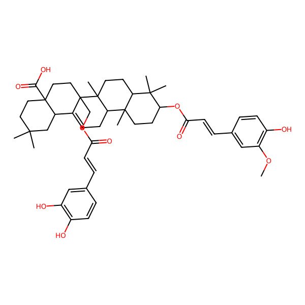 2D Structure of (4aS,6aR,6bR,10S,12aR,14bS)-6a-[[(E)-3-(3,4-dihydroxyphenyl)prop-2-enoyl]oxymethyl]-10-[(E)-3-(4-hydroxy-3-methoxy-phenyl)prop-2-enoyl]oxy-2,2,6b,9,9,12a-hexamethyl-1,3,4,5,6,6a,7,8,8a,10,11,12,13,14b-tetradecahydropicene-4a-carboxylic acid