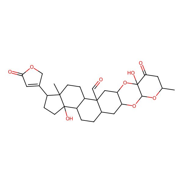 2D Structure of (1S,3R,5S,7R,10R,12R,14R,15R,18R,19R,22S,23R)-10,22-dihydroxy-7,18-dimethyl-9-oxo-19-(5-oxo-2H-furan-3-yl)-4,6,11-trioxahexacyclo[12.11.0.03,12.05,10.015,23.018,22]pentacosane-14-carbaldehyde