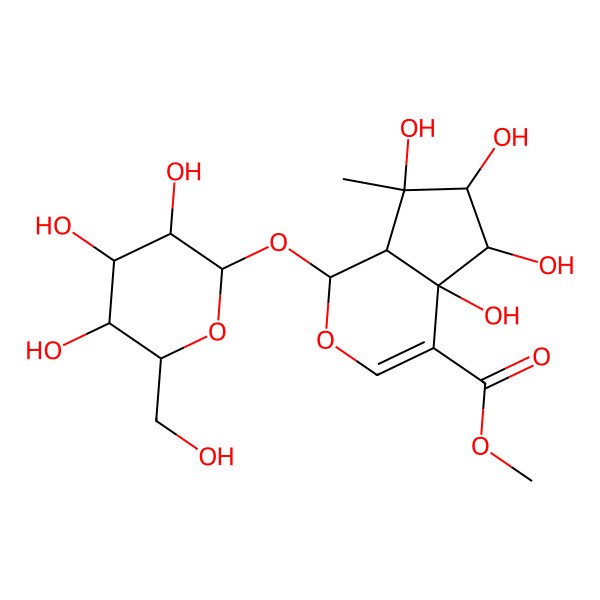 2D Structure of methyl (1R,4aR,5R,6S,7S,7aR)-4a,5,6,7-tetrahydroxy-7-methyl-1-[(2S,3R,4S,5S,6R)-3,4,5-trihydroxy-6-(hydroxymethyl)oxan-2-yl]oxy-1,5,6,7a-tetrahydrocyclopenta[c]pyran-4-carboxylate