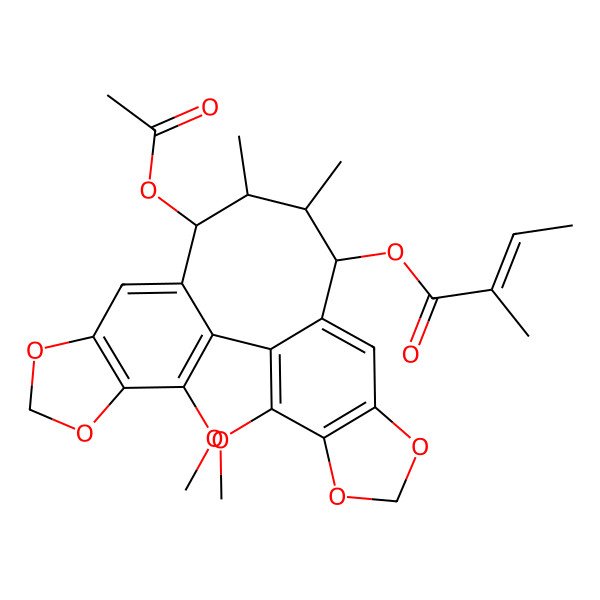 2D Structure of (14-Acetyloxy-3,22-dimethoxy-12,13-dimethyl-5,7,18,20-tetraoxapentacyclo[13.7.0.02,10.04,8.017,21]docosa-1(22),2,4(8),9,15,17(21)-hexaen-11-yl) 2-methylbut-2-enoate