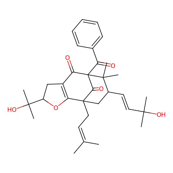 2D Structure of (1S,4S,8S,10S)-8-benzoyl-10-[(E)-3-hydroxy-3-methylbut-1-enyl]-4-(2-hydroxypropan-2-yl)-9,9-dimethyl-1-(3-methylbut-2-enyl)-3-oxatricyclo[6.3.1.02,6]dodec-2(6)-ene-7,12-dione