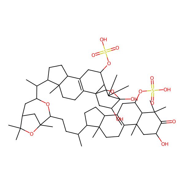 2D Structure of [(1R,5R,6R,9R,12S,13R,15R,19S)-15,19-dihydroxy-6-[(1S)-1-[(1R,2S,4R,6R)-2-[(3R)-3-[(2S,5R,6S,10S,13R,14R,17R)-2-hydroxy-4,4,10,13-tetramethyl-3-oxo-6-sulfooxy-2,5,6,7,11,12,14,15,16,17-decahydro-1H-cyclopenta[a]phenanthren-17-yl]butyl]-1,7,7-trimethyl-3,8-dioxabicyclo[4.2.1]nonan-4-yl]ethyl]-5,14,14-trimethyl-16-oxapentacyclo[13.2.2.01,13.02,10.05,9]nonadec-2(10)-en-12-yl] hydrogen sulfate