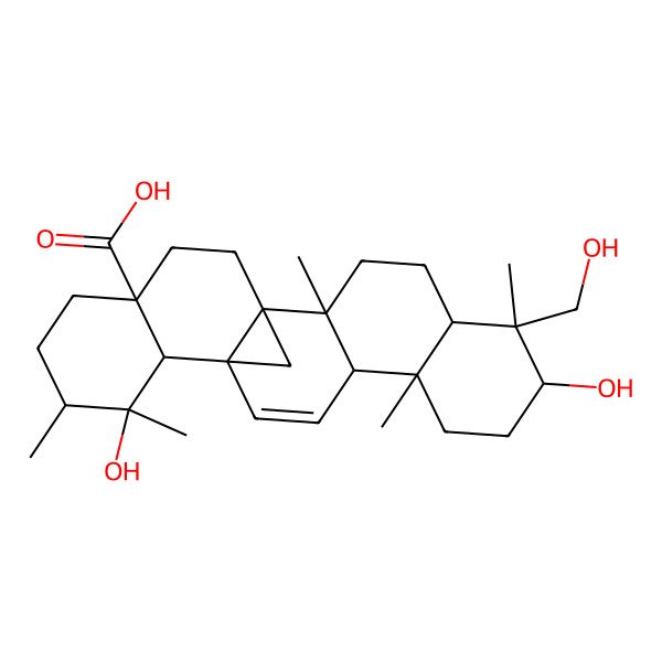 2D Structure of 7,16-Dihydroxy-6-(hydroxymethyl)-2,6,10,16,17-pentamethylhexacyclo[12.8.1.01,14.02,11.05,10.015,20]tricos-12-ene-20-carboxylic acid