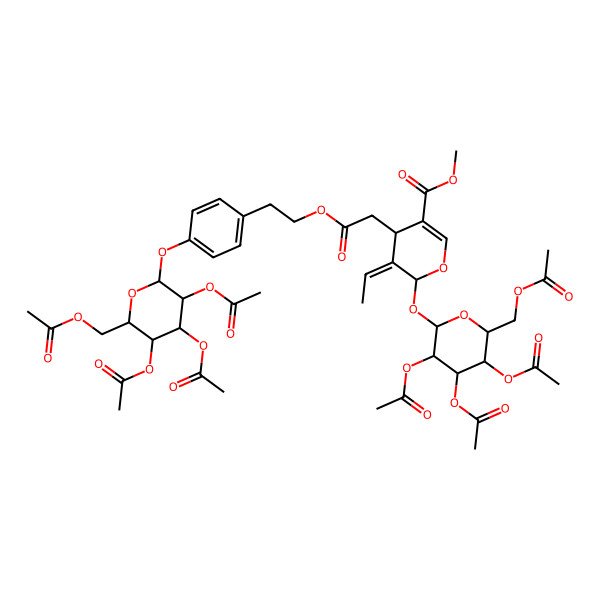 2D Structure of methyl (5E,6S)-5-ethylidene-4-[2-oxo-2-[2-[4-[(3R,4S,5R,6R)-3,4,5-triacetyloxy-6-(acetyloxymethyl)oxan-2-yl]oxyphenyl]ethoxy]ethyl]-6-[(3R,4S,5R,6R)-3,4,5-triacetyloxy-6-(acetyloxymethyl)oxan-2-yl]oxy-4H-pyran-3-carboxylate