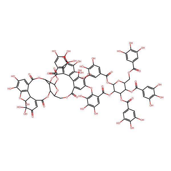 2D Structure of [2,4,5-Tris[(3,4,5-trihydroxybenzoyl)oxy]-6-[(3,4,5-trihydroxybenzoyl)oxymethyl]oxan-3-yl] 2-[[1,2,2,14,15,16,19,20,35,36-decahydroxy-3,6,11,24,32-pentaoxo-29-(3,4,5-trihydroxybenzoyl)oxy-7,10,25,28,31,40-hexaoxaoctacyclo[35.2.1.05,39.08,27.09,30.012,17.018,23.033,38]tetraconta-4,12,14,16,18,20,22,33,35,37-decaen-21-yl]oxy]-3,4,5-trihydroxybenzoate