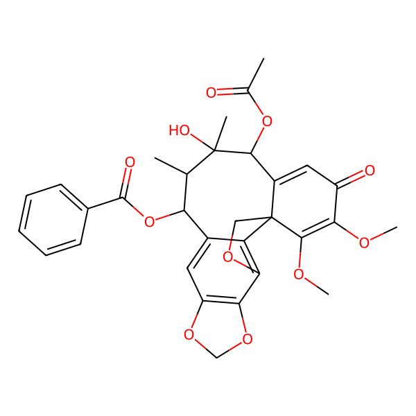 2D Structure of (15-Acetyloxy-14-hydroxy-19,20-dimethoxy-13,14-dimethyl-18-oxo-3,6,8-trioxapentacyclo[9.9.1.01,16.04,21.05,9]henicosa-4(21),5(9),10,16,19-pentaen-12-yl) benzoate