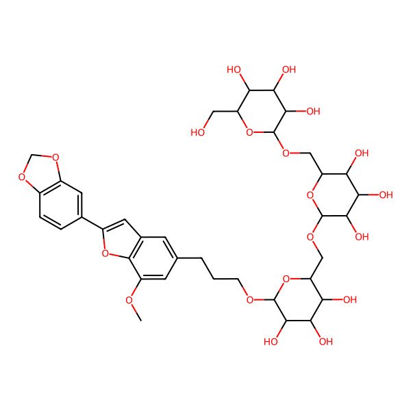 2D Structure of (2R,3R,4S,5S,6R)-2-[[(2R,3S,4S,5R,6R)-6-[[(2R,3S,4S,5R,6R)-6-[3-[2-(1,3-benzodioxol-5-yl)-7-methoxy-1-benzofuran-5-yl]propoxy]-3,4,5-trihydroxyoxan-2-yl]methoxy]-3,4,5-trihydroxyoxan-2-yl]methoxy]-6-(hydroxymethyl)oxane-3,4,5-triol