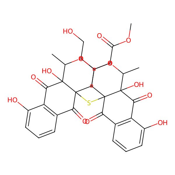 2D Structure of methyl 2-[(1S,3S,10aR)-4a-[[(1S,3S,10aR)-9,10a-dihydroxy-3-(2-hydroxyethyl)-1-methyl-5,10-dioxo-3,4-dihydro-1H-benzo[g]isochromen-4a-yl]sulfanyl]-9,10a-dihydroxy-1-methyl-5,10-dioxo-3,4-dihydro-1H-benzo[g]isochromen-3-yl]acetate