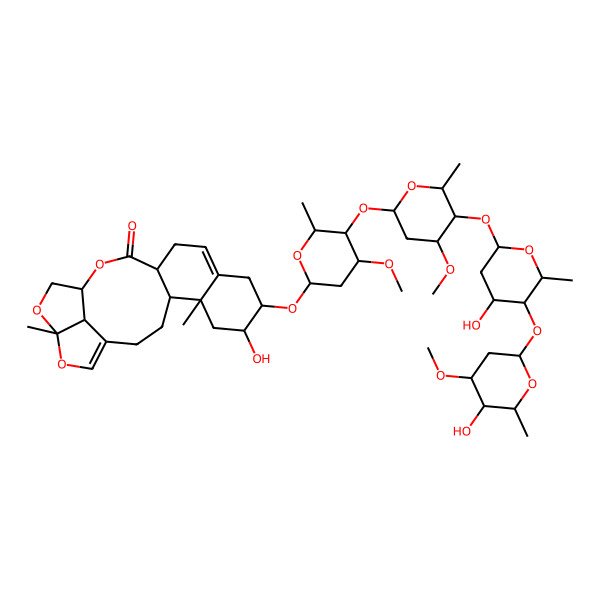 2D Structure of 7-Hydroxy-8-[5-[5-[4-hydroxy-5-(5-hydroxy-4-methoxy-6-methyloxan-2-yl)oxy-6-methyloxan-2-yl]oxy-4-methoxy-6-methyloxan-2-yl]oxy-4-methoxy-6-methyloxan-2-yl]oxy-5,19-dimethyl-15,18,20-trioxapentacyclo[14.5.1.04,13.05,10.019,22]docosa-1(21),10-dien-14-one