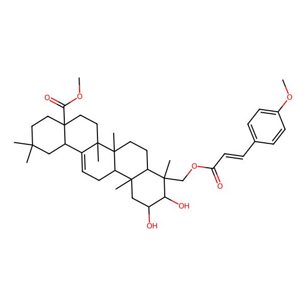 2D Structure of Methyl 10,11-dihydroxy-9-[3-(4-methoxyphenyl)prop-2-enoyloxymethyl]-2,2,6a,6b,9,12a-hexamethyl-1,3,4,5,6,6a,7,8,8a,10,11,12,13,14b-tetradecahydropicene-4a-carboxylate