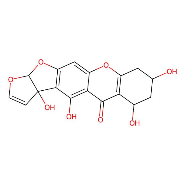 2D Structure of (4R,8R,16R,18R)-2,4,16,18-tetrahydroxy-7,9,13-trioxapentacyclo[10.8.0.03,10.04,8.014,19]icosa-1,3(10),5,11,14(19)-pentaen-20-one