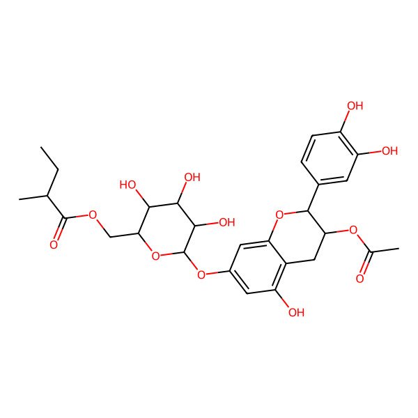 2D Structure of [6-[[3-acetyloxy-2-(3,4-dihydroxyphenyl)-5-hydroxy-3,4-dihydro-2H-chromen-7-yl]oxy]-3,4,5-trihydroxyoxan-2-yl]methyl 2-methylbutanoate