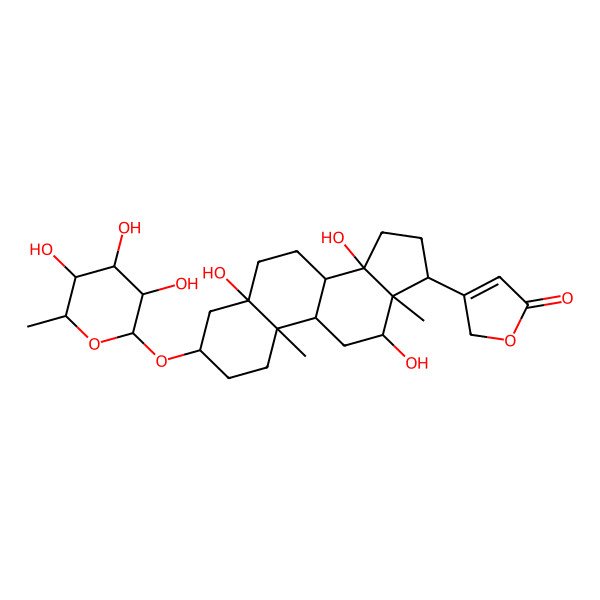 2D Structure of 3-[(3S,5S,8R,9S,10R,12R,13S,14S,17R)-5,12,14-trihydroxy-10,13-dimethyl-3-[(2S,3R,4S,5R,6S)-3,4,5-trihydroxy-6-methyloxan-2-yl]oxy-2,3,4,6,7,8,9,11,12,15,16,17-dodecahydro-1H-cyclopenta[a]phenanthren-17-yl]-2H-furan-5-one