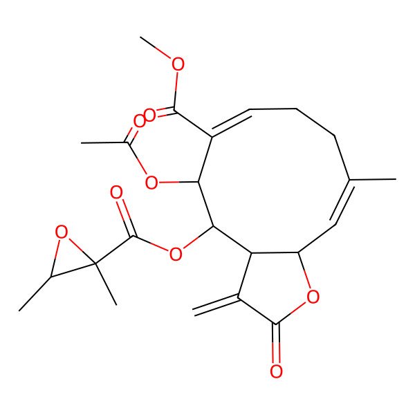 2D Structure of methyl (3aS,4S,5S,6E,10Z,11aR)-5-acetyloxy-4-[(2S,3S)-2,3-dimethyloxirane-2-carbonyl]oxy-10-methyl-3-methylidene-2-oxo-3a,4,5,8,9,11a-hexahydrocyclodeca[b]furan-6-carboxylate