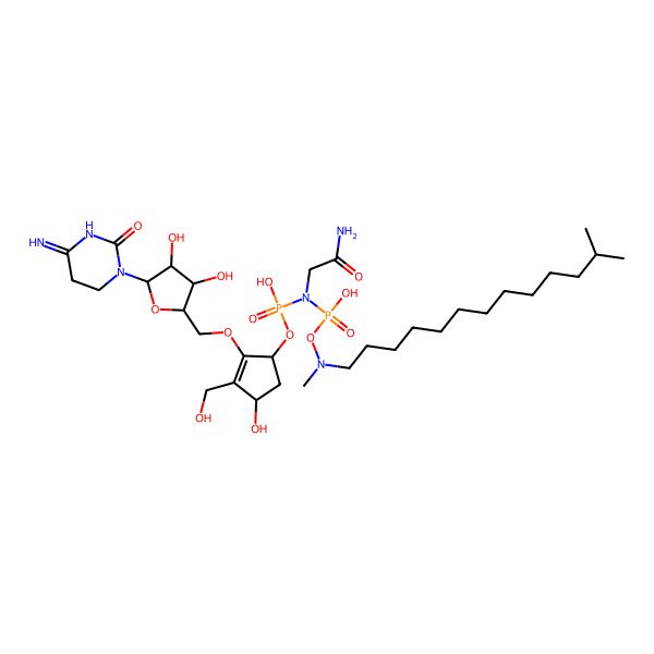 2D Structure of N-(2-amino-2-oxoethyl)-[2-[[3,4-dihydroxy-5-(4-imino-2-oxo-1,3-diazinan-1-yl)oxolan-2-yl]methoxy]-4-hydroxy-3-(hydroxymethyl)cyclopent-2-en-1-yl]oxy-N-[hydroxy-[methyl(12-methyltridecyl)amino]oxyphosphoryl]phosphonamidic acid