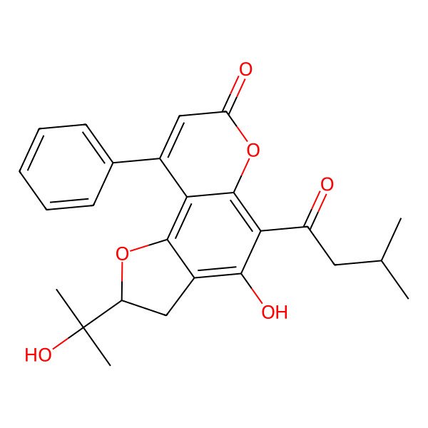2D Structure of (2R)-4-hydroxy-2-(2-hydroxypropan-2-yl)-5-(3-methylbutanoyl)-9-phenyl-2,3-dihydrofuro[2,3-f]chromen-7-one