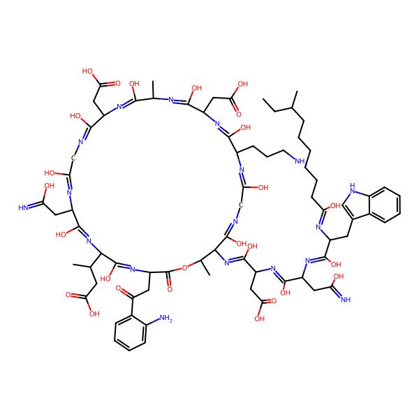 2D Structure of 4-[[3-[2-(2-aminophenyl)-2-oxoethyl]-24-(3-aminopropyl)-15,21-bis(carboxymethyl)-6-(1-carboxypropan-2-yl)-5,8,11,14,17,20,23,26,29-nonahydroxy-9-(2-hydroxy-2-iminoethyl)-18,31-dimethyl-2-oxo-1-oxa-4,7,10,13,16,19,22,25,28-nonazacyclohentriaconta-4,7,10,13,16,19,22,25,28-nonaen-30-yl]imino]-3-[[1,4-dihydroxy-2-[[1-hydroxy-2-[(1-hydroxy-8-methyldecylidene)amino]-3-(1H-indol-3-yl)propylidene]amino]-4-iminobutylidene]amino]-4-hydroxybutanoic acid