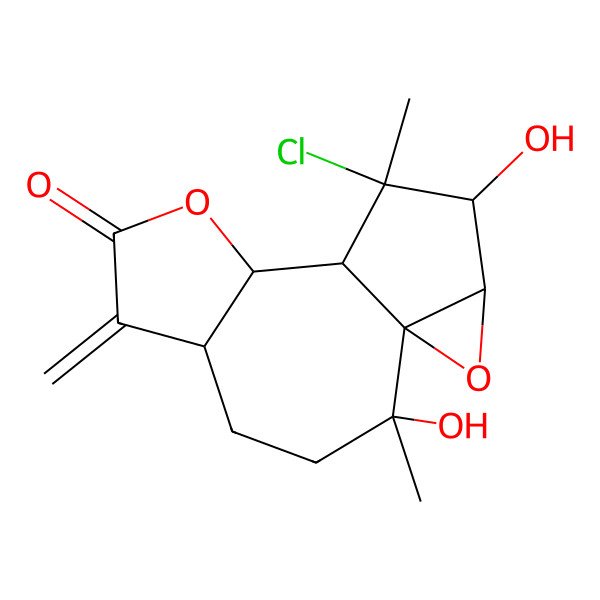 2D Structure of 11-Chloro-2,12-dihydroxy-2,11-dimethyl-6-methylidene-8,14-dioxatetracyclo[8.4.0.01,13.05,9]tetradecan-7-one