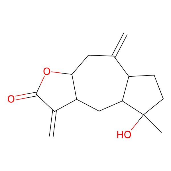 2D Structure of (3aR,5aR,8R,8aR,9aR)-8-hydroxy-8-methyl-1,5-dimethylidene-3a,4,5a,6,7,8a,9,9a-octahydroazuleno[6,5-b]furan-2-one
