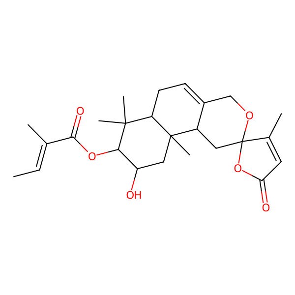 2D Structure of (9-Hydroxy-3',7,7,10a-tetramethyl-5'-oxospiro[1,4,6,6a,8,9,10,10b-octahydrobenzo[f]isochromene-2,2'-furan]-8-yl) 2-methylbut-2-enoate