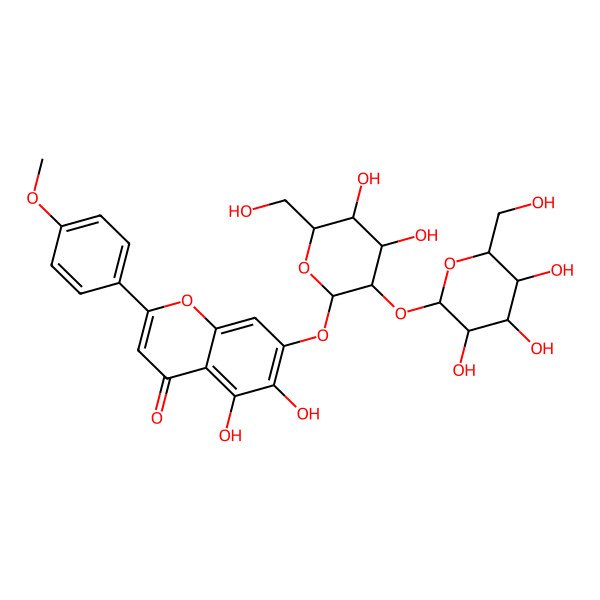 2D Structure of 7-[4,5-Dihydroxy-6-(hydroxymethyl)-3-[3,4,5-trihydroxy-6-(hydroxymethyl)oxan-2-yl]oxyoxan-2-yl]oxy-5,6-dihydroxy-2-(4-methoxyphenyl)chromen-4-one