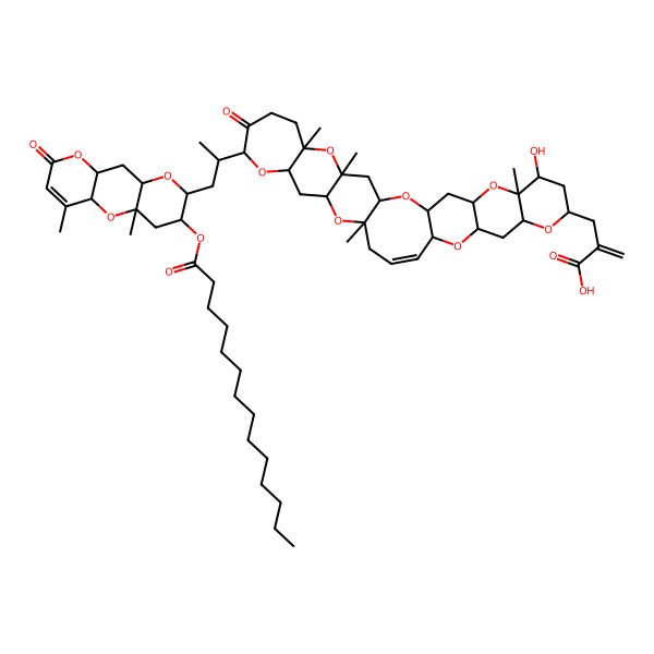 2D Structure of 2-[[26-[1-(3,14-Dimethyl-12-oxo-5-tetradecanoyloxy-2,7,11-trioxatricyclo[8.4.0.03,8]tetradec-13-en-6-yl)propan-2-yl]-8-hydroxy-7,20,30,32-tetramethyl-27-oxo-2,6,11,15,21,25,31-heptaoxaheptacyclo[18.13.0.03,16.05,14.07,12.022,32.024,30]tritriacont-17-en-10-yl]methyl]prop-2-enoic acid