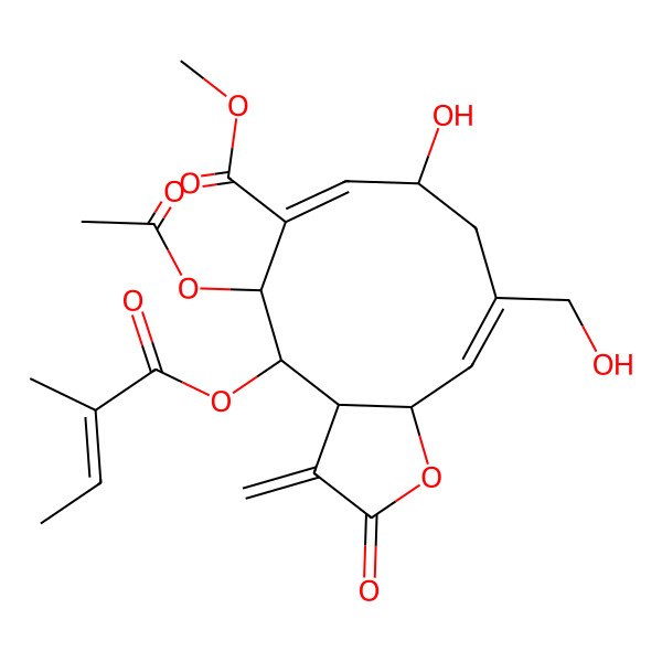 2D Structure of methyl (3aR,4R,5S,6E,8R,10E,11aS)-5-acetyloxy-8-hydroxy-10-(hydroxymethyl)-4-[(E)-2-methylbut-2-enoyl]oxy-3-methylidene-2-oxo-3a,4,5,8,9,11a-hexahydrocyclodeca[b]furan-6-carboxylate