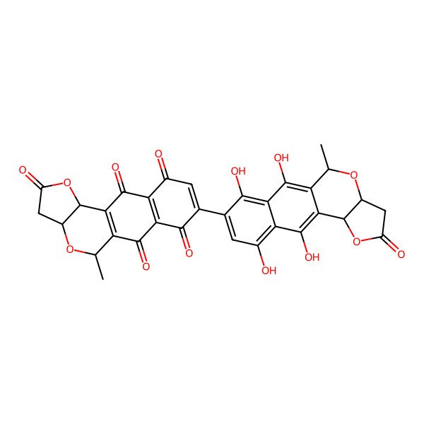 2D Structure of 17-Methyl-5-(2,4,7,9-tetrahydroxy-17-methyl-13-oxo-12,16-dioxatetracyclo[8.7.0.03,8.011,15]heptadeca-1,3,5,7,9-pentaen-5-yl)-12,16-dioxatetracyclo[8.7.0.03,8.011,15]heptadeca-1(10),3(8),5-triene-2,4,7,9,13-pentone