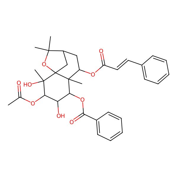 2D Structure of [(1R,2S,3S,4S,5R,6R,7S,9R)-3-acetyloxy-2,4-dihydroxy-2,6,10,10-tetramethyl-7-[(E)-3-phenylprop-2-enoyl]oxy-11-oxatricyclo[7.2.1.01,6]dodecan-5-yl] benzoate
