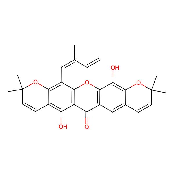 2D Structure of 11,22-dihydroxy-7,7,19,19-tetramethyl-4-[(1E)-2-methylbuta-1,3-dienyl]-2,6,20-trioxapentacyclo[12.8.0.03,12.05,10.016,21]docosa-1(14),3(12),4,8,10,15,17,21-octaen-13-one