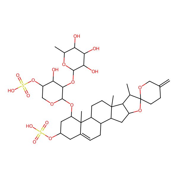 2D Structure of [14-[4-Hydroxy-5-sulfooxy-3-(3,4,5-trihydroxy-6-methyloxan-2-yl)oxyoxan-2-yl]oxy-7,9,13-trimethyl-5'-methylidenespiro[5-oxapentacyclo[10.8.0.02,9.04,8.013,18]icos-18-ene-6,2'-oxane]-16-yl] hydrogen sulfate