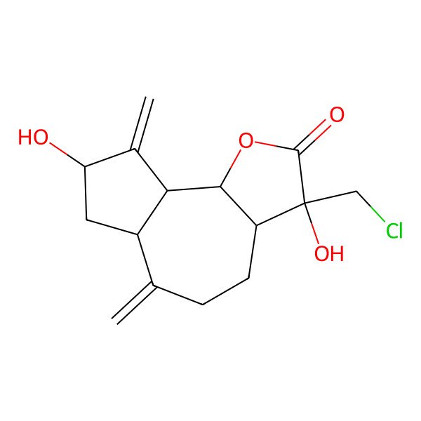 2D Structure of (3S,3aR,6aR,8S,9aR,9bR)-3-(chloromethyl)-3,8-dihydroxy-6,9-dimethylidene-3a,4,5,6a,7,8,9a,9b-octahydroazuleno[4,5-b]furan-2-one
