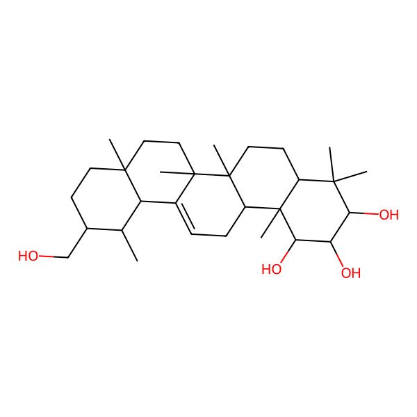 2D Structure of (1R,2S,3R,4aS,6aR,6bS,8aR,11R,12R,12aR,14aS,14bR)-11-(hydroxymethyl)-4,4,6a,6b,8a,12,14b-heptamethyl-2,3,4a,5,6,7,8,9,10,11,12,12a,14,14a-tetradecahydro-1H-picene-1,2,3-triol