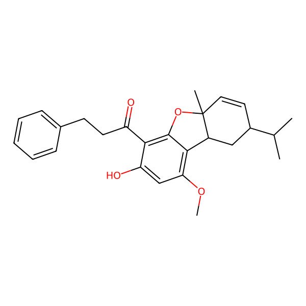 2D Structure of 1-[(5aR,8S,9aS)-3-hydroxy-1-methoxy-5a-methyl-8-propan-2-yl-9,9a-dihydro-8H-dibenzofuran-4-yl]-3-phenylpropan-1-one