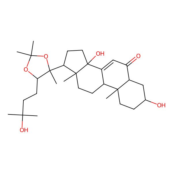 2D Structure of (3S,5R,9R,10R,13R,14S,17S)-3,14-dihydroxy-17-[(4R,5R)-5-(3-hydroxy-3-methylbutyl)-2,2,4-trimethyl-1,3-dioxolan-4-yl]-10,13-dimethyl-2,3,4,5,9,11,12,15,16,17-decahydro-1H-cyclopenta[a]phenanthren-6-one