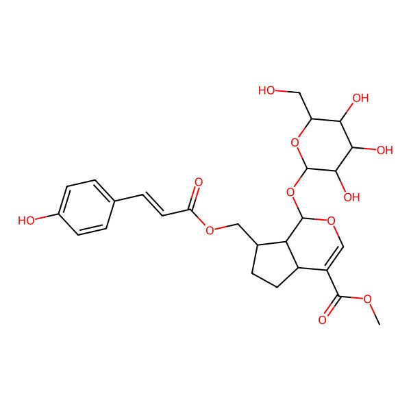2D Structure of methyl (1S,4aS,7S,7aS)-7-[[(E)-3-(4-hydroxyphenyl)prop-2-enoyl]oxymethyl]-1-[(2S,3S,4S,5S,6S)-3,4,5-trihydroxy-6-(hydroxymethyl)oxan-2-yl]oxy-1,4a,5,6,7,7a-hexahydrocyclopenta[c]pyran-4-carboxylate