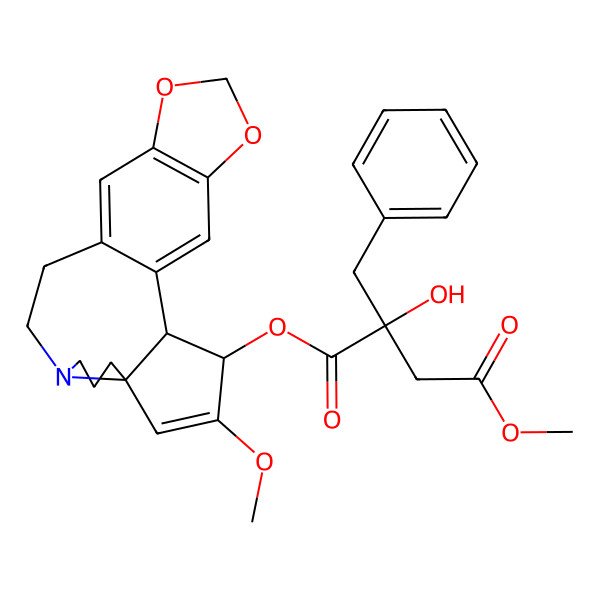 2D Structure of 1-O-[(2S,3S,6R)-4-methoxy-16,18-dioxa-10-azapentacyclo[11.7.0.02,6.06,10.015,19]icosa-1(20),4,13,15(19)-tetraen-3-yl] 4-O-methyl (2R)-2-benzyl-2-hydroxybutanedioate