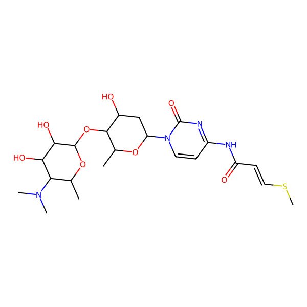 2D Structure of (E)-N-[1-[(2S,4S,5R,6R)-5-[(2S,3R,4S,5R,6S)-5-(dimethylamino)-3,4-dihydroxy-6-methyloxan-2-yl]oxy-4-hydroxy-6-methyloxan-2-yl]-2-oxopyrimidin-4-yl]-3-methylsulfanylprop-2-enamide