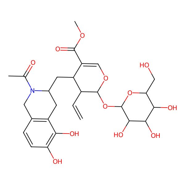 2D Structure of methyl (2S,3R,4S)-4-[[(3R)-2-acetyl-5,6-dihydroxy-3,4-dihydro-1H-isoquinolin-3-yl]methyl]-3-ethenyl-2-[(2R,3S,4R,5R,6S)-3,4,5-trihydroxy-6-(hydroxymethyl)oxan-2-yl]oxy-3,4-dihydro-2H-pyran-5-carboxylate